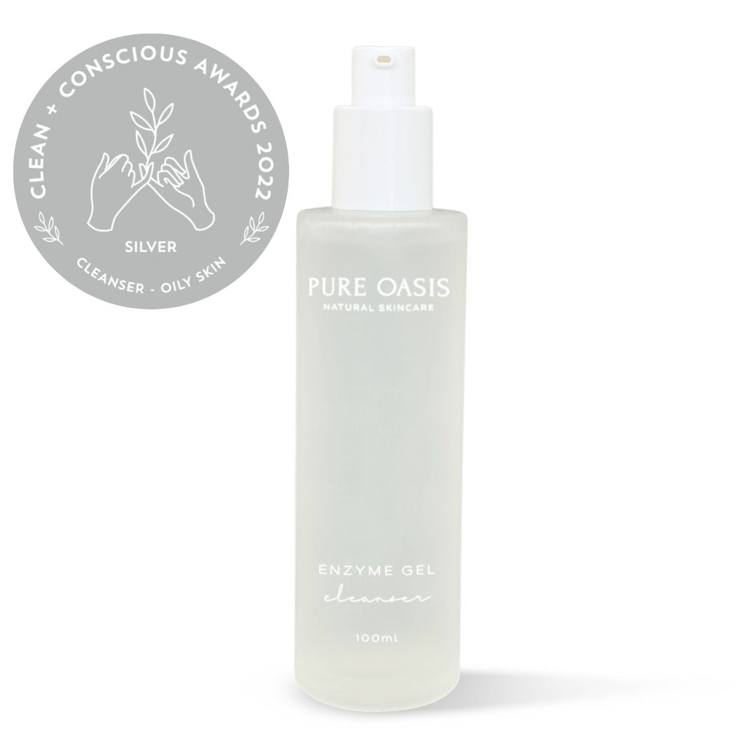 Pure Oasis Natural Skincare_ Enzyme Gel Cleanser A super blend of White Willow Bark and fruit enzymes of Organic Papaya and Pineapple effortlessly cleanses away makeup, dirt and oil, leaving the skin bright, clean and purified. Delicate gel cleanser is infused with active botanicals, that prevent congestion and breakouts.