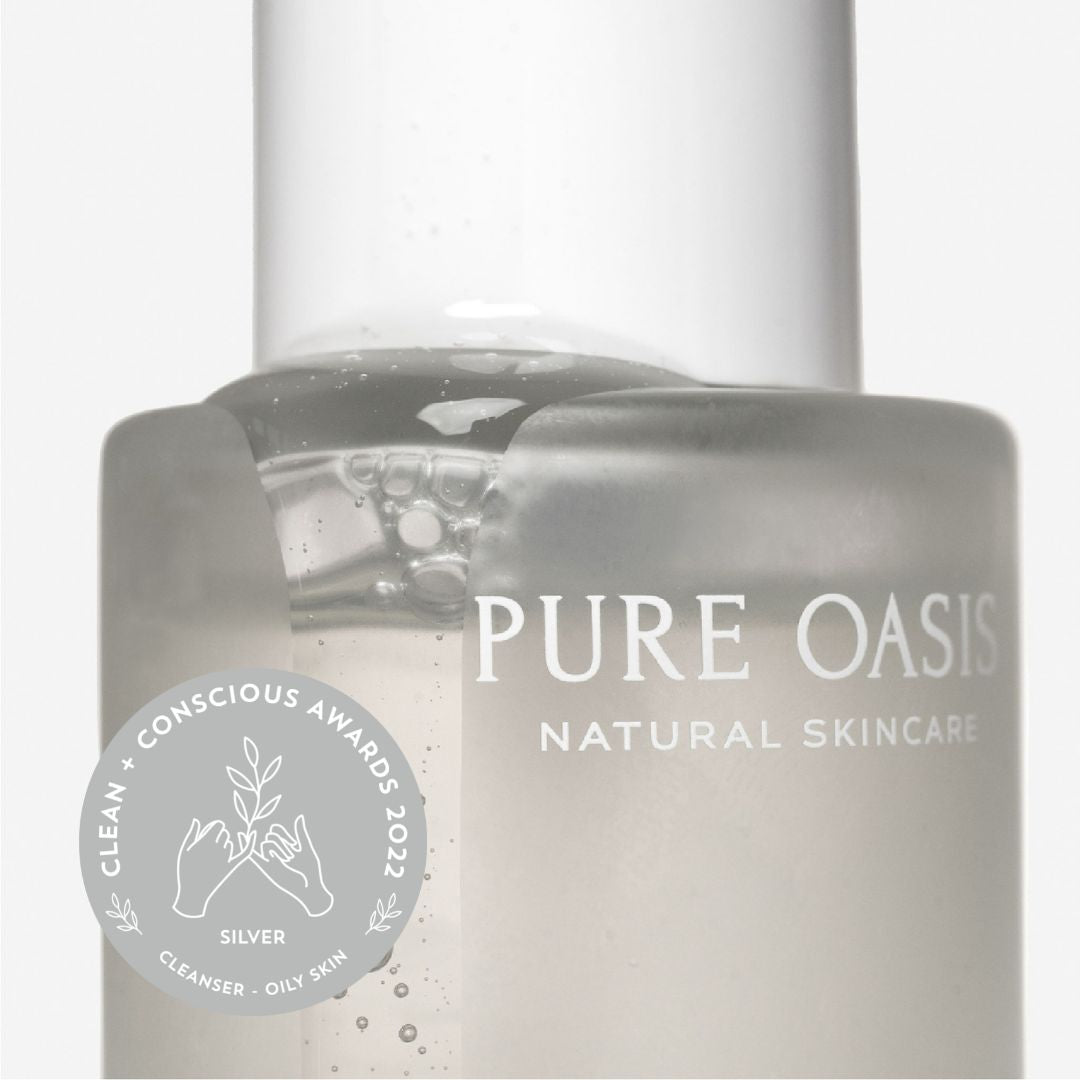 Pure Oasis Natural Skincare_ Enzyme Gel Cleanser A super blend of White Willow Bark and fruit enzymes of Organic Papaya and Pineapple effortlessly cleanses away makeup, dirt and oil, leaving the skin bright, clean and purified. Delicate gel cleanser is infused with active botanicals, that prevent congestion and breakouts.