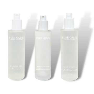 Pure Oasis Natural Skincare_ Starter Essentials Kit 3 easy-to-use natural products that make your skincare routine quick and effortless, so you can go about your day with glowing skin. Includes Enzyme Gel Cleanser, Fruit-Fusion Hydrating Mist and Resurfacing Peptide Cream.