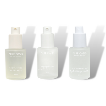 Pure Oasis Natural Skincare_ Glow On The Go Travel Kit A Little Travel Kit with a Lot of Luxe.. This travel-sized skin care set is everything you need for a nourishing beauty ritual for when you’re on the go. Includes Enzyme Gel Cleanser, Fruit-Fusion Hydrating Mist and Resurfacing Peptide Cream.
